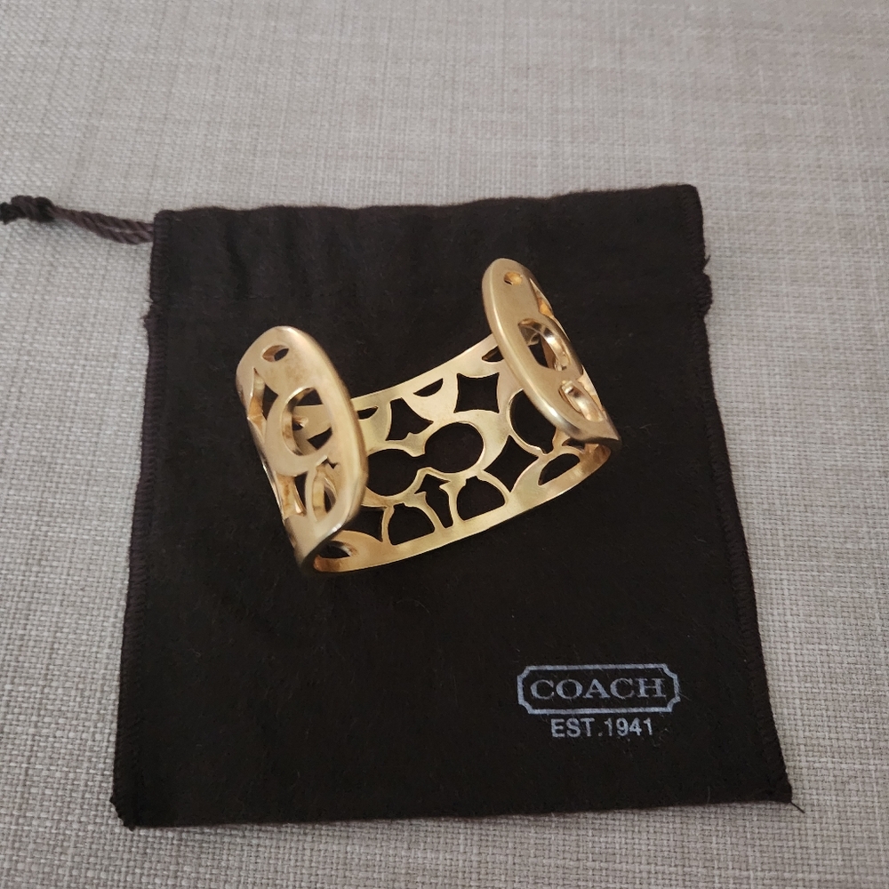 Rare Vintage Coach Gold Signature Monogram Cuff Bangle With Dust Bag - Picture 10 of 11